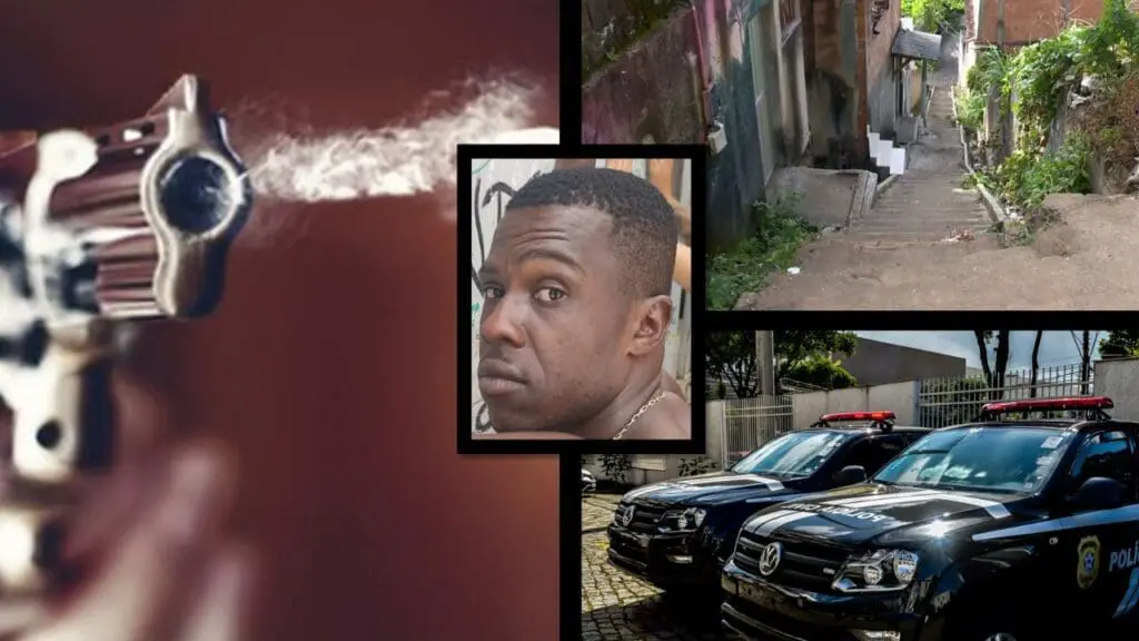 Guerra do Tráfico: homem é executado com vários tiros no rosto em Vila Velha Arte mosaico com 4 imagens, na primeira imagem uma mão segurando um revólver disparando, centralizada a 2ª imagem a foto de um homem que foi assassinado, na terceira imagem a foto da escadaria do bairro Jaburuna, e na quarta imagem duas viaturas da polícia civil