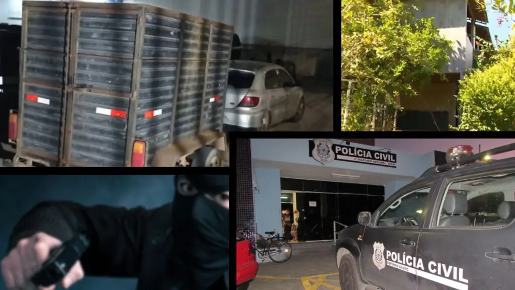 Polícia Civil recupera mais de R$ 300 mil em equipamentos roubados em zona rural na Serra Arte com quatro imagens na primeira um veículo prato com engate e reboque, (mini baú de transporte), na segunda à vista da entrada de uma casa em meio a arvores e arbustos, na terceira um homem encapuzado segurando uma pistola em direção a camera, e na quarta imagem a entrada da 3ª Delegacia Regional localizada na cidade de Serra, com uma viatura da policia civil estacionada no patio a delegacia tem uma entrada em porta dupla de vidro e paredes pintadas em tons da cor azul claro