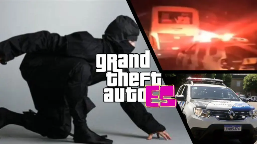 GTA ES: homem tenta tomar direção de ônibus para jogá-lo de ponte e foge de forma cinematográfica Arte com mosaico co três imagens na primeira um homem fantasiado de ninja abaixado com uma das mãos no chão, na segunda imagem uma viatura com a sirene ligada parada em um acostamento de uma estrada logo a frente um ônibus de turismo, e na terceira imagem uma viatura da PM, centralizada na imagem uma frase escrita Grand Theft Auto ES, fazendo alusão ao game da Rockstar