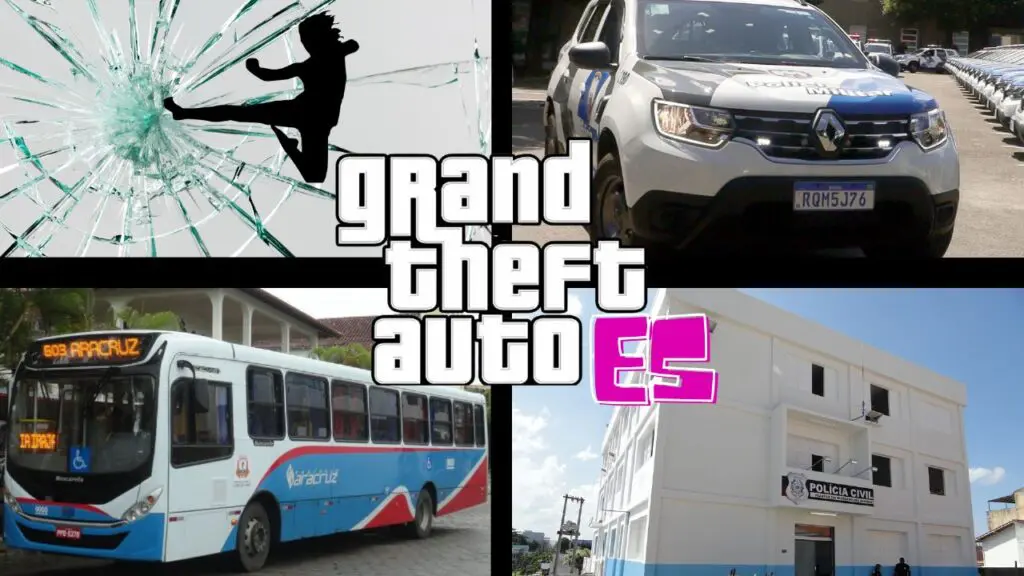 GTA ES: PM prende homem que tentou jogar ônibus de ponte e depois fugiu dando voadora no para-brisas Arte com 4 imagens referenciando o jogo de video-game GTA, na primeira imagem uma sombra de um homem dando uma voadora em um vidro que está se quebrando, na segunda imagem uma viatura da PM, na terceira um ônibus da viação Expresso Aracruz, e na quarta imagem, o prédio sede da Delegacia Regional de Aracruz