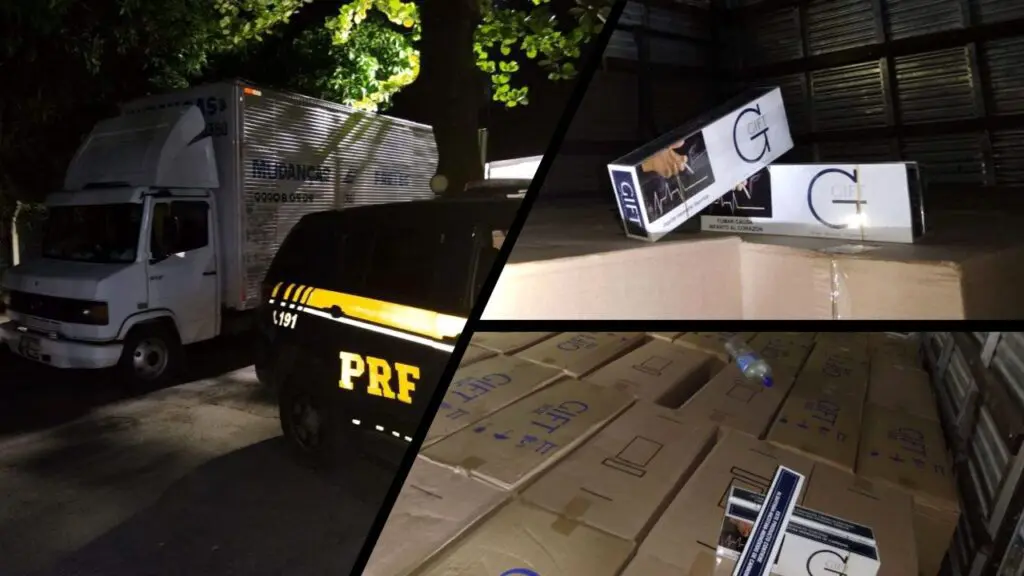 PRF apreende caminhão recheado de cigarros contrabandeados do Paraguai no ES Arte com 3 imagens na primeira um caminhão baú apreendido e uma viatura da PRF, na 2ª imagem dois pacotes de cigarros Gift, e na 3ª imagem com varias caixas lacradas de cigarros contrabandeados e dois pacotes lacrados do cigarro paraguaio Gift