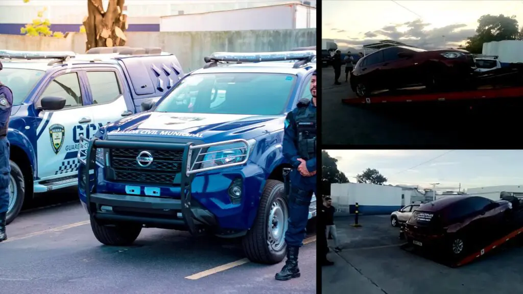 Motorista de aplicativo sofre assalto na Serra e tem o carro levado pelos criminosos Arte com 3 imagens na primeira, na 1ª imagem viaturas da GCM com soldados parados ao lado, na segunda e terceira imagens o carro recuperado sendo guinchado para ser levado ao patio da Delegacia