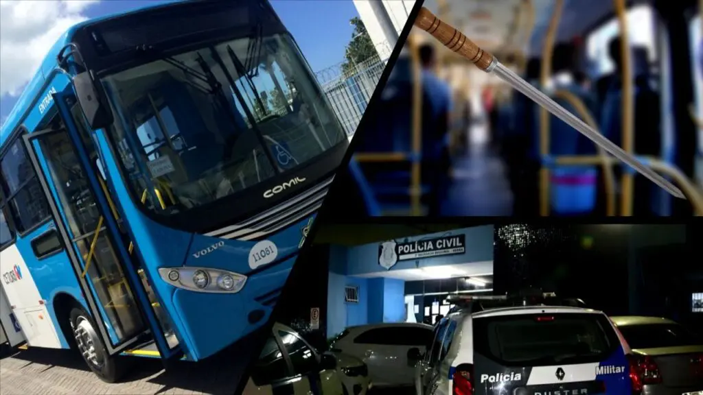 Assaltantes utilizam até espeto de churrasco durante arrastão dentro de ônibus na Serra Arte com três imagens na primeira um ônibus do sistema Transcol, na segunda imagem um espeto de churrasco e no fundo um interior de ônibus desfocado e na terceira imagem a entrada da delegacia regional localizada na cidade da Serra-ES