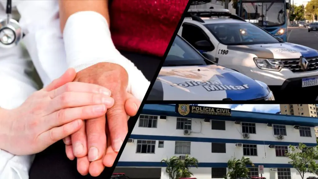 Ladrão quase arranca dedo de idosa de durante assalto dentro de residência em Vitória Arte com 3 imagens, na primeira imagem a mão de uma idosa enfaixada, na segunda imagem duas viaturas da Policia Militar e na terceira iamagam a delegacia regional de Vitória