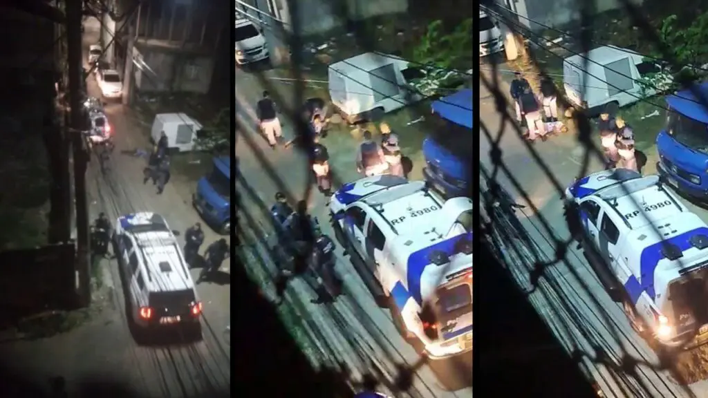 Vídeo: homem é baleado após suposta troca de tiros com equipe da Polícia Militar em Vitória Arte com três imagens nas três mostram uma vítima baleada no chão e policiais militares e viaturas em volta da vitima
