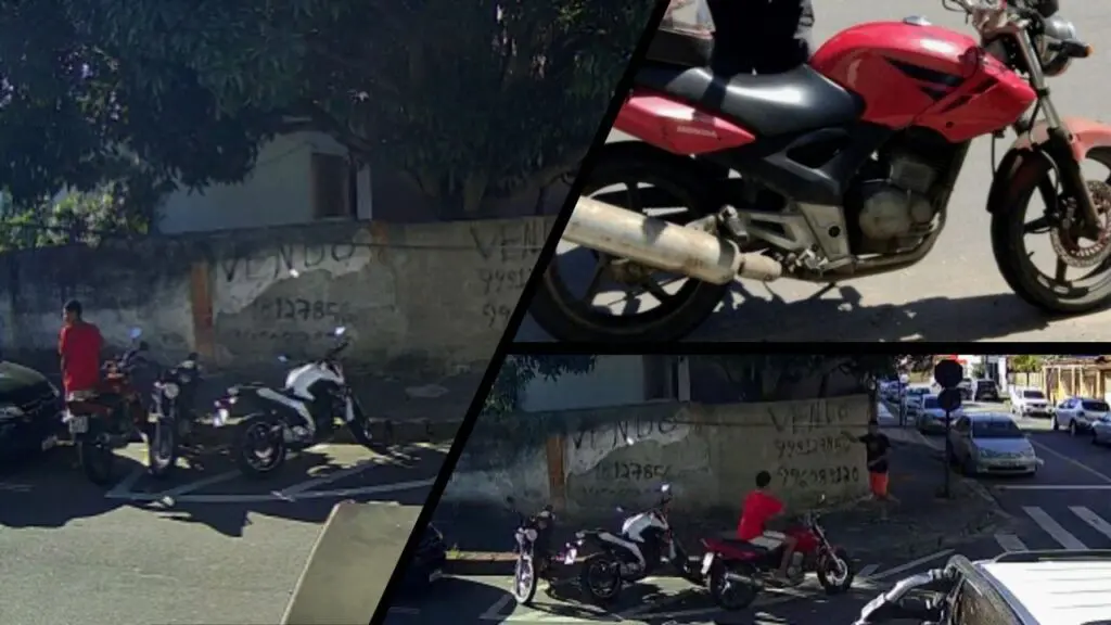 Vídeo: dupla furta moto na caradura a plena luz do dia na Serra Arte com 3 imagens na primeira um criminoso, usando uma micha para roubar uma moto vermelha em uma rua sem movimento, na 2ª imagem uma moto Honda Twister vermelha, e na 3ª imagem o ladrão em cima da moto furtando o veiculo