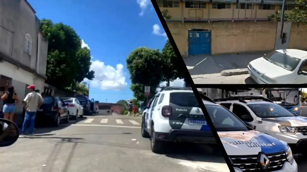 Boatos sobre possível ataque a escolas geram pânico entre pais e alunos na Serra Arte com 3 imagens, na 1ª imagem uma rua com pais em frente a um portão da escola Escola Municipal de Ensino Fundamental (EMEF) Irmã Cleusa, e do outro lado da rua uma viatura da PM na 2ª imagem a frente da escola com um muro bege e um portão azul de ferro, com um veículo branco em frente, na 3ª imagem duas viaturas da policia Militar estacionas lado a lado em uma rua com um ônibus azul do Sistema Transcol passando ao lado das viaturas