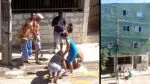 Arte com 3 imagens, na primeira uma mulher que se jogou do 3ª andar, caída no chão e envolta dela vizinhos prestam socorro a vítima, na segunda imagem a foto panorâmica do prédio que a mulher se jogou