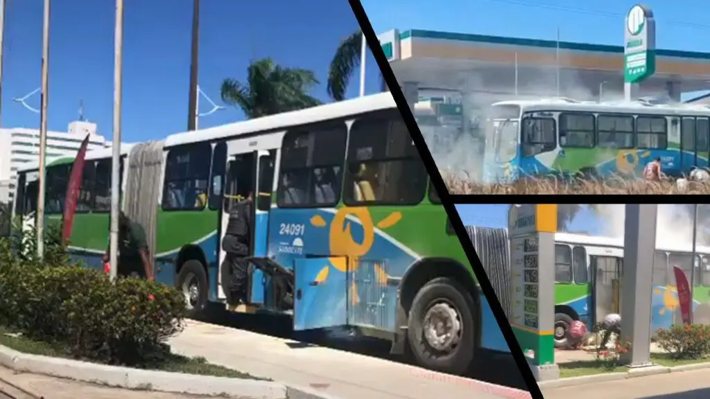 Busão do Transcol pega fogo ao lado de posto de combustíveis em Laranjeiras ônibus em chamas