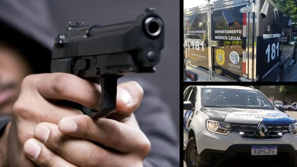 Adolescente morre após ser metralhado em plena luz do dia em Vitória Arte com 3 imagens, na primeira um homem de capuz segurando uma pistola com as duas mãos, na segunda imagem uma viatura do Departamento Medico Legal (DML) e na terceira uma viatura da Policia Militar