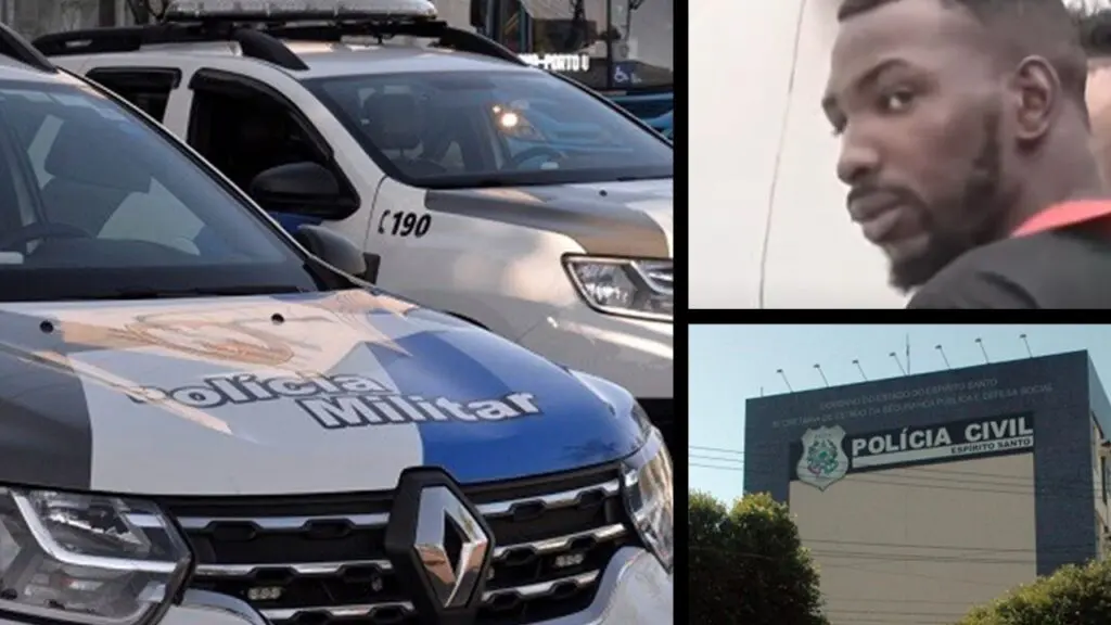 Carioca ameaça explodir supermercado após ser preso pela Polícia Militar em Vitória Arte com 3 imagens na primeira duas viaturas da Policia Militar estacionadas em uma rua, na segunda imagem um homem olhando para a camera, o homem furtou produtos de um supermercado e depois que foi flagrado e detido, prometeu explodir o local, na terceira imagem a 1ª Delegacia Regional localizada no bairro do Horto em Vitória
