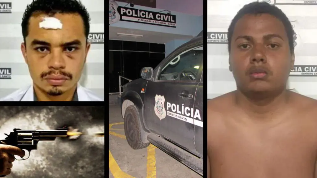 Um dos maiores homicidas da Serra e seu parceiro são condenados na justiça Arte com 3 imagens, na primeira a foto de um criminoso chamado de "Chapolin", na segunda uma mão segurando um revólver disparando, na terceira a entrada da 3ª Delegacia Regional, localizada em Laranjeiras na Serra, e na quarta imagem a foto de outro criminoso cnhecido como "Milk Shake"
