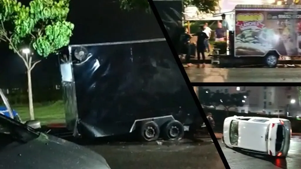Mulher dorme ao volante e capota carro após bater em um Food Truck na Serra Arte com três imagens de um acidente entre um veículo que bateu e capotou após bater em um trailer que vende lanches, na primeira imagem o trailer amassado, na segunda testemunhas ao lado de um food truck, e a terceira um veiculo capotado
