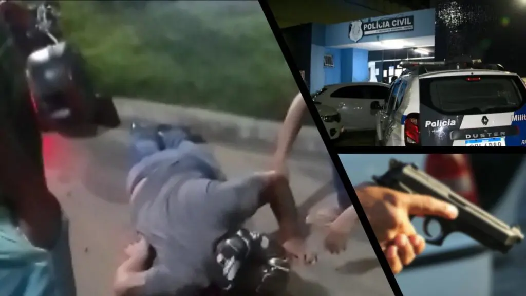 Policial penal sofre grave acidente de moto e tem arma furtada na Serra Arte com três limagens, na primeira imagem um agente penal deitado no chão após sofrer um acidente de moto, e alguns populares em volta tentando prestar socorro, na segunda imagem a entrada da 3ª Delegacia Regional da Serra, e na terceira imagem um close nas mãos de um homem segurando uma pistola.