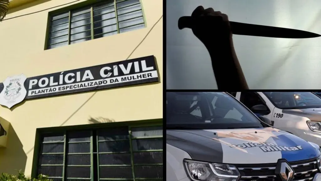 Polícia Militar prende em flagrante homem acusado de esfaquear esposa em Jacaraípe Arte com três imagens, na primeira a sede da Delegacia da Mulher localizada em Vitória, na segunda a simulação de uma facada, e na terceira imagem duas viaturas da PM estacionadas