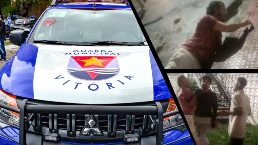 Motorista de aplicativo acusa passageiro de agressão durante corrida em Vitória Arte com três imagens na primeira uma viatura da GCMV na segunda a imagem de um homem caído no chão tentando se levantar, e na terceira tres homens conversando