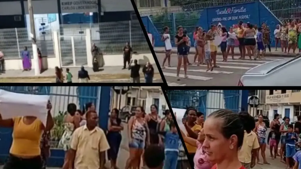 Pais de alunos protestam cobrando mais segurança em escola municipal de Nova Carapina II Arte com 4 imagens de grupos de pessoas fazendo manifestações em frente a escolas pedindo paz e segurança