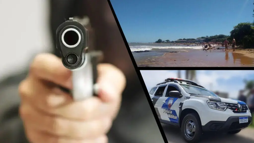 Tiroteio após negociação de moto deixa jovem e criança baleados em Jacaraípe Arte com 3 imagens na primeira Criminoso apontando arma para a tela a arma está em destaque ja o homem está desfocado, na segunda à praia de Cabuta Ville, e na terceira uma viatura da PM estacionada e o fundo da imagem desfocado