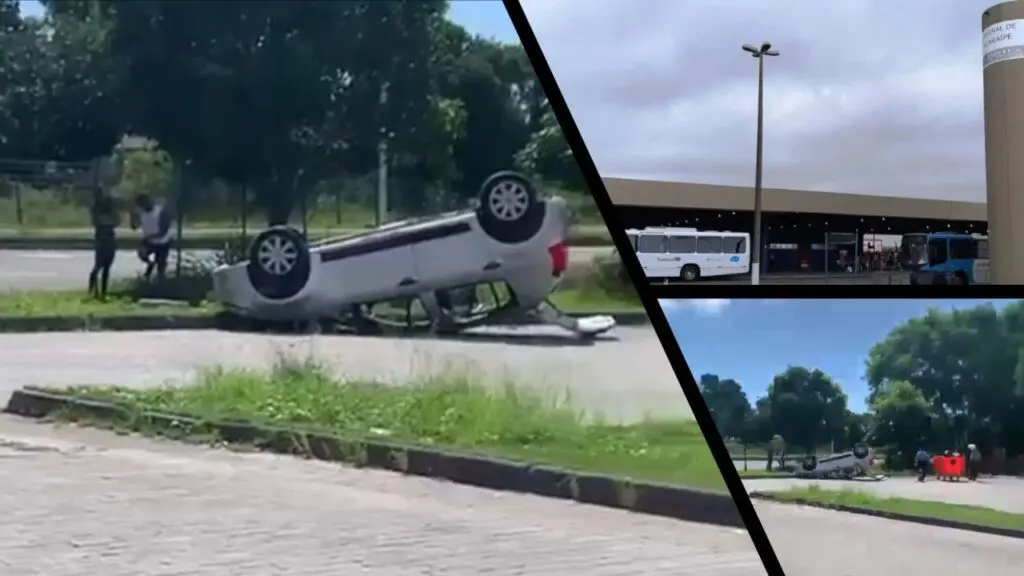 Motorista perde controle de veículo e acaba invadindo Terminal de Jacaraípe Carro acidentado de cabeça para baixo, dentro do patio do terminal Jacaraípe, após acidente, Na segunda imagem à vista panoramica do Terminal Jacaraipe, com um onibus saindo do terminal