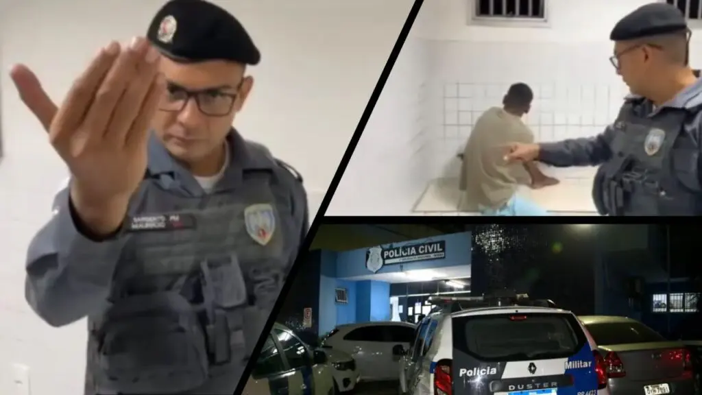 Força Tática arrocha baile clandestino e prende criminoso de alta periculosidade em Jacaraípe Arte com três imagens na primeira imagem a foto do Sargento Maurício, fazendo sinal de vem para camera com a mão direita, na segunda imagem Sargento Mauricio, apontando para o bandido sentado virado de costas e com uma das mãos algemadas, e na terceira imagem a entrada da 3ª Delegacia Regional da Serra, com viaturas e carros estacionados no patio da Delegacia