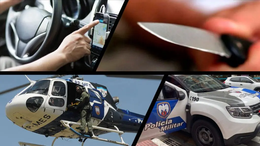 Motorista de aplicativo é esfaqueado durante tentativa de assalto em Jacaraípe Arte com 4 imagens, na 1ª uma foto do interior de um veículo, 2ª imagem um homem segurando uma faca desfocada, na 3ª imagem o helicóptero Harpia, da PM, e na 4ª imagem uma viatura da Policia Militar estacionada e com uma das postas abertas