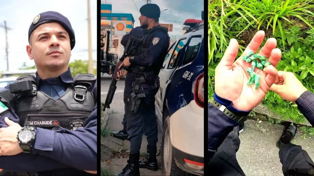 Vídeo: Guarda da Serra arrocha biqueira e encontra drogas escondidas em moitas na Serra Arte com 3 imagens na primeira o agente Luciano Chabude, de braços cruzados, na 2ª imagem o agente Dias em pé parado segurando uma arma de fogo, e proximo de uma viatura da GCM, na 3ª imagem das mão de um agente com algumas buchas de maconha
