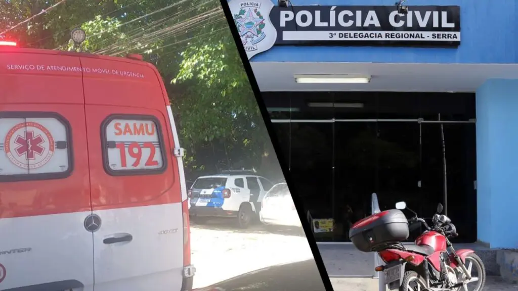 Bebê de 4 meses morre nos braços da mãe durante amamentação na Serra Arte com 2 imagens, na 1ª imagem a foto de uma ambulância estacionada em uma rua com carros em volta, na 2ª imagem a entrada da sede da 3ª Delegacia Regional situada na Serra