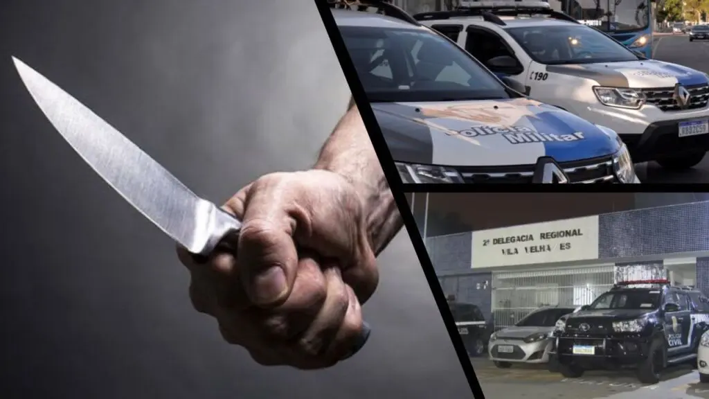 Filho tenta defender mãe e é esfaqueado pelo próprio pai em Vila Velha Arte com 3 imagens, na primeira duas viaturas estacionadas em uma avenida, e na terceira imagem entrada da sede da 2 Delegacia Regional situada em Vila Velha