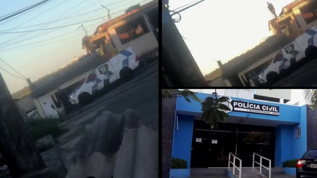 Vídeo: traficantes tentando escapar da Força Tática em Planalto Serrano Arte com três imagens, na primeira foto de uma viatura estacionada em frente a uma residencia, e Policiais Militares cercando a residencia, atrás de um criminoso, na segunda imagem a mesma residencia com a porta arrombada e um Policial Militar, em cima do telhado, na terceira imagem a entrada da sede da 3ª Delegacia Regional situada na cidade da Serra