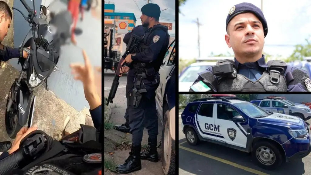Vídeo: agentes da Guarda Serra recuperam motocicleta clonada no bairro Cidade Continental Arte com três imagens na primeira imagem a moto recuperado durante uma ocorrência, a segunda o Agente da Guarda da Serra Dias em pe com uma arma nas mãos, terceira imagem o Agente da Guarda da Serra Luciano Chabudé, e na quarta foto uma viatura da Guarda da Serra estacionada em um patio.