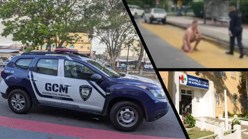 Vídeo: morador fica pelado em Colina de Laranjeiras após uso de cocaína Arte com 3 imagens, na primeira uma viatura da GCM estacionada, na segunda um homem nu ajoelhado proximo de um agente da Guarda da Serra, e na terceira imagem a entrada do Hospital Estadual de Atenção Clínica (HEAC) em Cariacica
