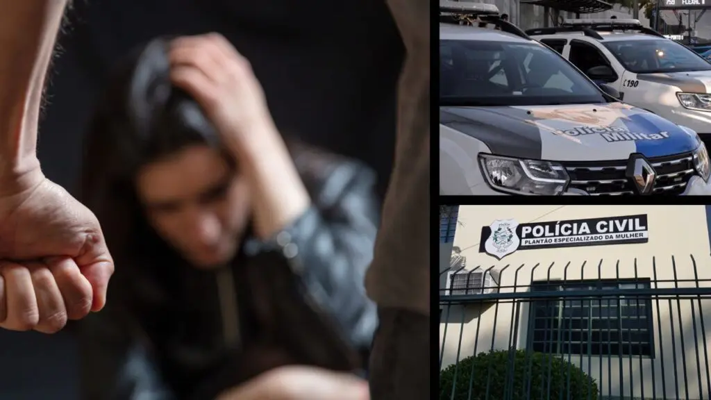 Mãe tenta proteger filhas e acaba agredida pelo próprio marido na Serra Arte com 3 imagens, na primeira imagem uma mulher abaixada com a imagem desfocada e a mão de um homem cerrada, duas viaturas da PM estacionadas, e na terceira imagem a sede da Plantão Especializado em atendimento a Mulheres (PEM).