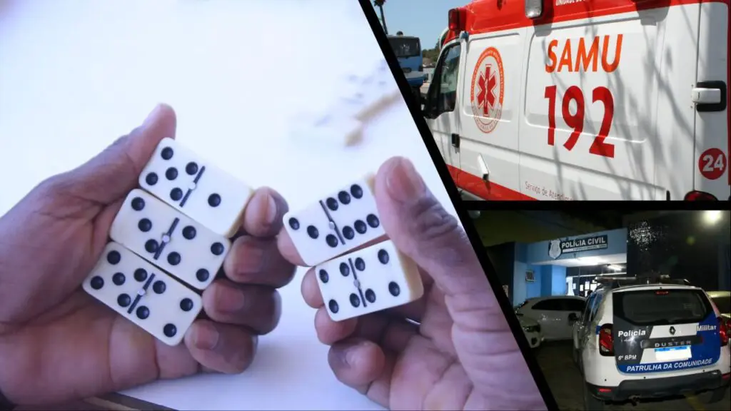 Mulher esfaqueia marido durante partida de dominó no bairro Feu Rosa Arte com 3 imagens, na 1ª duas mãos segurando pedras de domino e no fundo desfocado uma mesa e peças de domino, 2ª imagem uma ambulância do SAMU, e 3ª imagem entrada da sede da 3ª Delegacia Regional situada na Serra