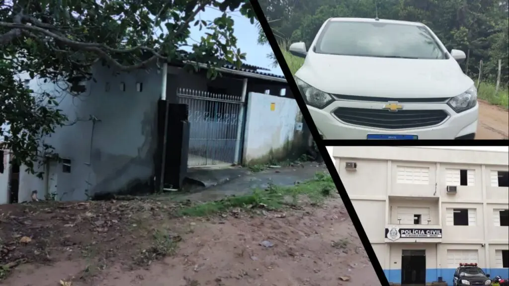 Mulher ao lado do marido sofre sequestro em Feu Rosa e depois é abandonada em Aracruz Arte com três imagens, na primeira uma casa abandonada em um local ermo rodeado de vegetação usada pelos criminosos como cativeiro, na segunda imagem um veículo modelo Onix parado em uma rua de terra, e na terceira imagem a sede da 13ª Delegacia Regional situada em Aracruz