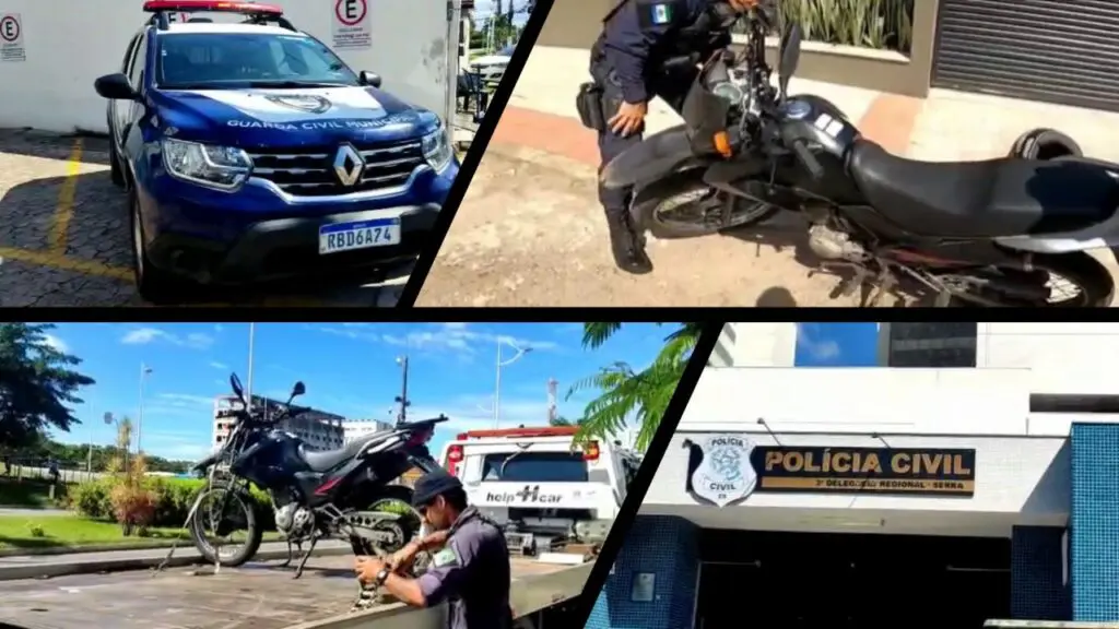 Vídeo: agentes da Guarda de Serra detectam moto clonada no instinto Arte com 4 imagens, na primeira a foto de uma viatura da GCM estacionada na rua, na segunda imagem um agente da Guarda da Serra, vistoriando uma motocicleta, na terceira a motocicleta colocada em cima de um guincho, e um funcionário prendendo a moto, para realizar a remoção ao patio da Delegacia, e na quarta foto a entrada da sede da 3ª Delegacia Regional situada na cidade da Serra