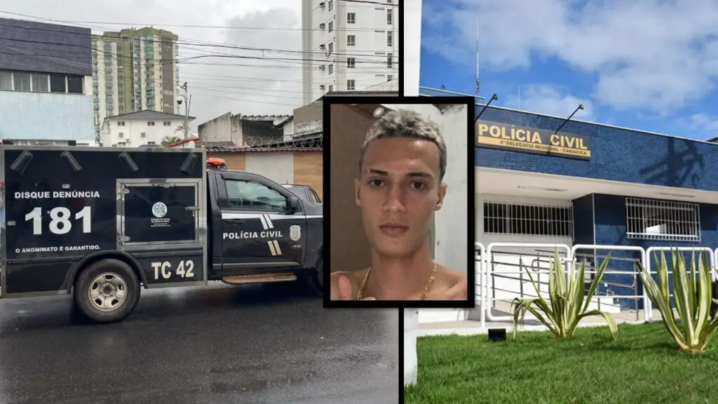 Jovem empresário é executado dentro de loja de roupas em Cariacica Arte com três imagens na primeira o veículo utilizado para transportar corpos de vítimas, apelidado de Rabecão, na segunda imagem a sede da Delegacia de Cariacica, e centralizado uma foto de um jovem, fazendo o sinal de joia com o dedo e sem camisa, o rapaz foi vítima de homicídio