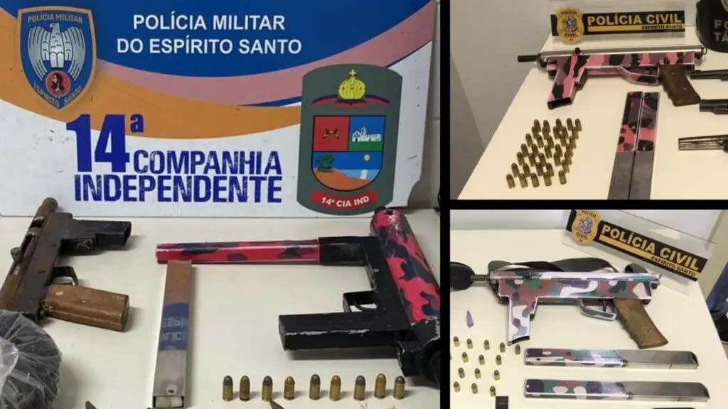 Deputados aprovam projeto que prevê pagamento de bônus durante apreensão de armas caseiras no ES Arte com três imagens de submetralhadoras sobre mesas de Delegacias no Estado de Espirito Santo, craftadas por criminosos e apreendidas