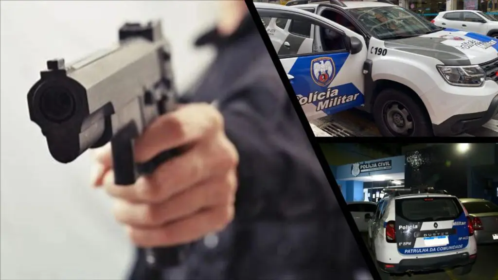 Assaltantes armados rendem casal e roubam veículo alugado na Serra Arte com três imagens, na primeira imagem um homem segurando uma arma, na segunda uma viatura da PM com uma das portas abertas, e na terceira a entrada da 3ª Delegacia Regional situada na cidade da Serra