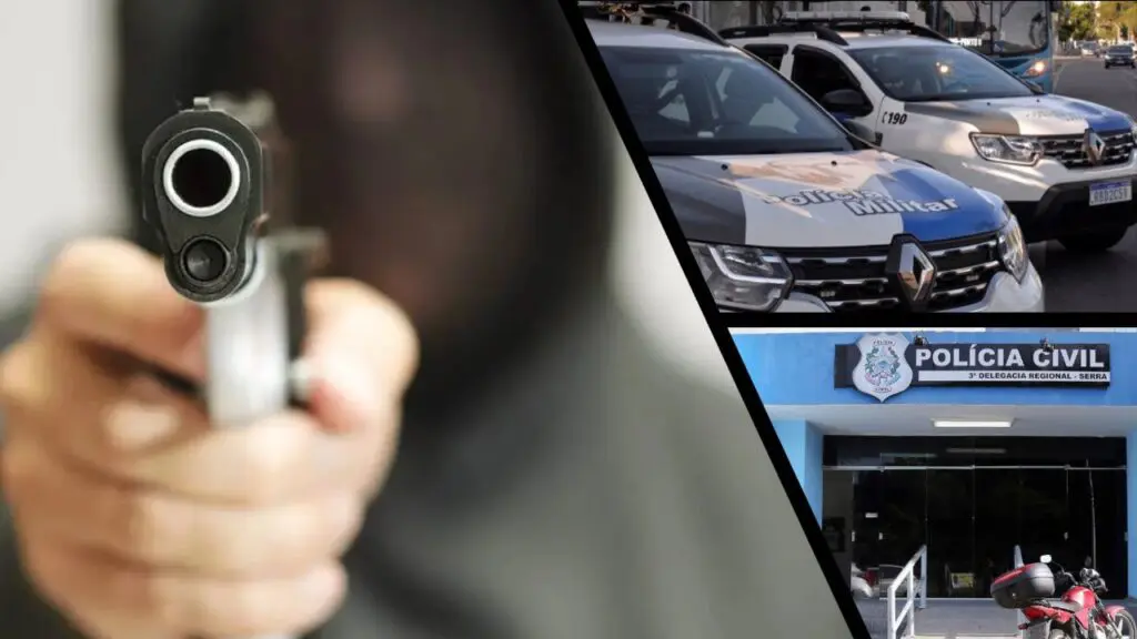 Motorista de app sofre cilada e tem veículo roubado por assaltantes em Jacaraípe Arte com 3 imagens, na primeira imagem, um homem segurando uma arma e apontando para a tela, na segunda imagem duas viaturas da PM, estacionadas, a terceira imagem a entrada da Delegacia Regional situada na cidade da Serra