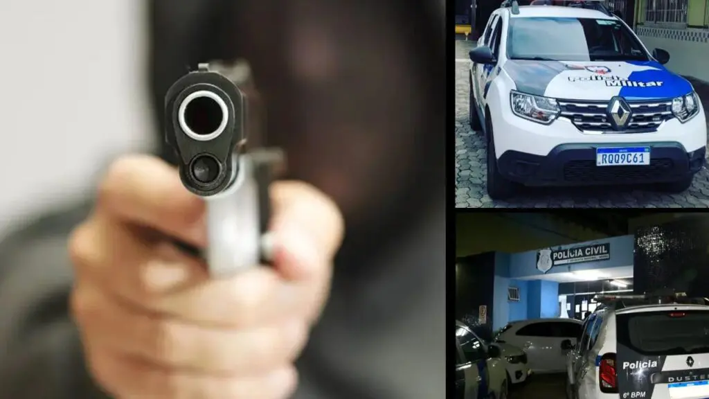 PM recupera carro roubado após motorista de aplicativo ter arma apontada para a cabeça na Serra Arte com três imagens na primeira imagem um homem apontando uma pistola para a tela, a arma está em destaque enquanto o homem está desfocado, na segunda imagem uma viatura da PM estacionada em um patio, e na terceira imagem a entrada da 3ª Delegacia Regional da Serra