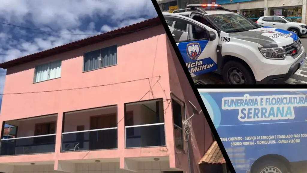 Dono de funerária da Serra e amante são acusados de esquarteja homem no interior do ES Arte com 3 imagens, na primeira um residencia de 2 andares, na segunda imagem de uma viatura estacionada, com a porta aberta, e na terceira a foto de um veículo funerário