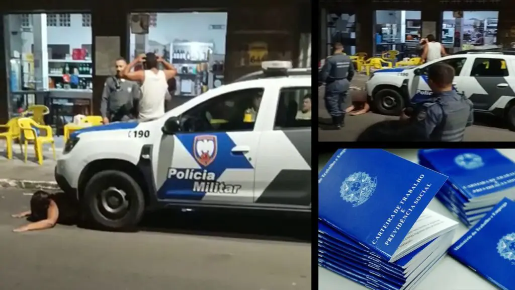 Vídeo: mulher embriagada implora por emprego embaixo de viatura da Polícia Militar na Serra Arte com 3 imagens, na primeira imagem uma viatura da PM, estacionada em frente a um bar e uma mulher alcoolizada, deitada na rua embaixo da viatura, na segunda foto alguns policiais se aproximam da mulher alcoolizada, e na terceira imagem algumas carteiras de trabalho empilhadas sobre uma mesa