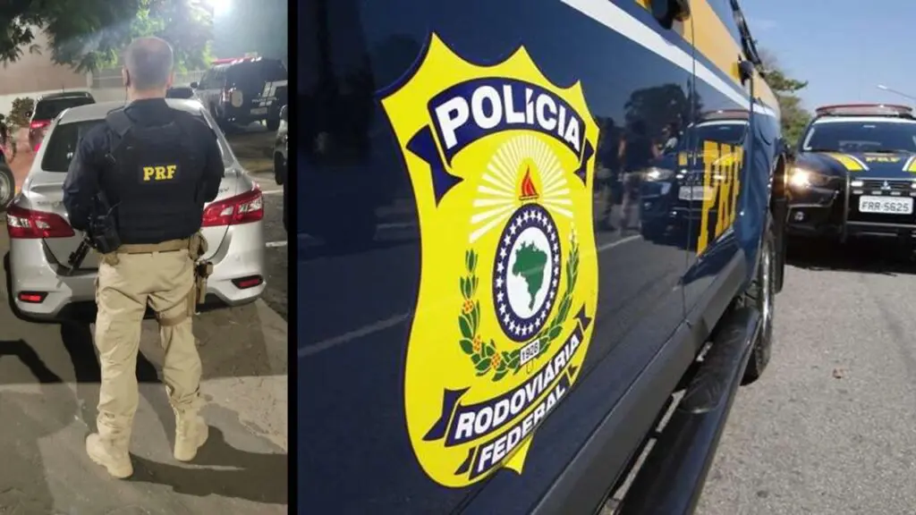 PRF recupera veículo roubado após frenética perseguição pelas vias da Serra Arte com duas imagens na primeira um agente da PRF de costas parado atras de um veículo e na segunda foto duas viaturas da PRF estacionada em uma via