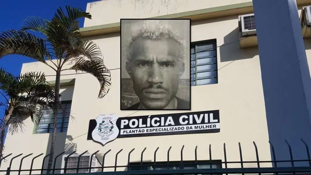Homem é preso em flagrante após agredir a ex-mulher com paralelepípedo em Vitória Arte com 2 imagens, na primeira a sede da Delegacia (PEM) Plantão Especializado da Mulher em Vitoria, e centralizada a foto de um homem que jogou um paralelepípedo na cabeça da ex-companheira.