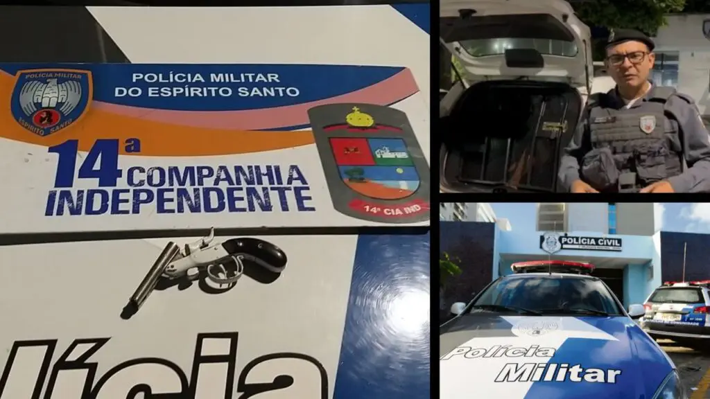 Arte com três imagens, na primeira uma foto de uma garrucha calibre .32, sobre o capo de uma viatura da PM, na segunda imagem a foto do Sargento Maurio Sousa em frente a uma viatura com a gaiola aberta, e na terceira imagem a entrada da 3ª Delegacia Regional situada na cidade da Serra