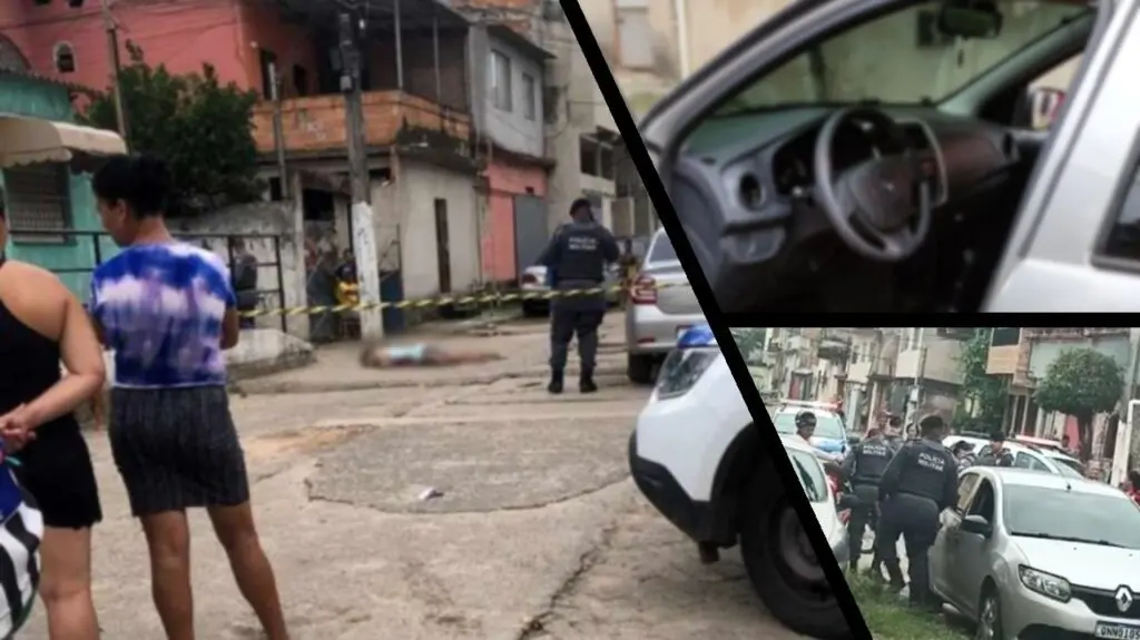 Homem morre após ser baleado dentro de carro em plena meio-dia em Vila Velha Arte com 3 imagens na primeira uma rua com muitos curiosos e a equipe da PM próximos de um veículo, e um corpo estirado na rua, na segunda a imagem a foto do veículo com a porta do lado do motorista aberta e é possível ver o volante ensanguentado, e na terceira a imagem Policiais Militares ao lado do veículo e curiosos vendo o corpo da vítima estirado no chão.