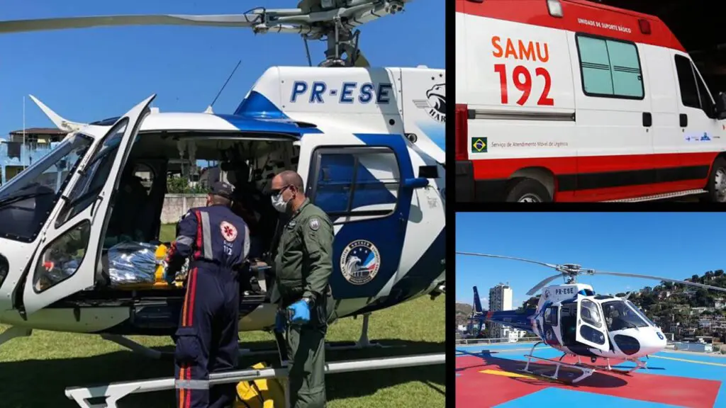 Arte com 3 imagens, na primeira o helicóptero do nortear realizando um resgate, na segunda imagem uma ambulância do SAMU, e na terceira imagem, o helicóptero pousando no heliporto.