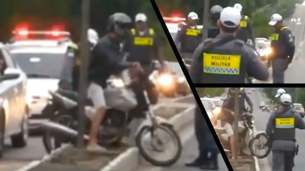 Vídeo: motociclista tenta escapar de blitz e acaba preso em canteiro na Serra Jovem tentando atravessar canteiro e ficando preso, e em volta policiais militares