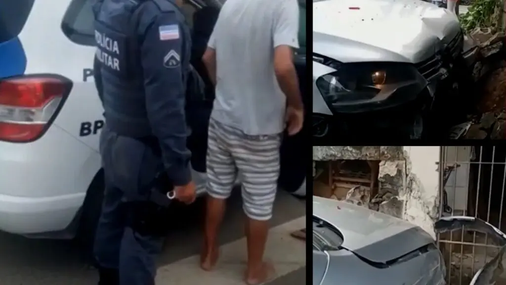 Motorista alcoolizado atropela jovem em calçada e colide com muro em Cariacica Arte com 3 imagens, na primeira o homem sendo detido por policiais militares, na segunda imagem à frente do veículo amassada apos bater no muro, e na terceira imagem o muro destruído