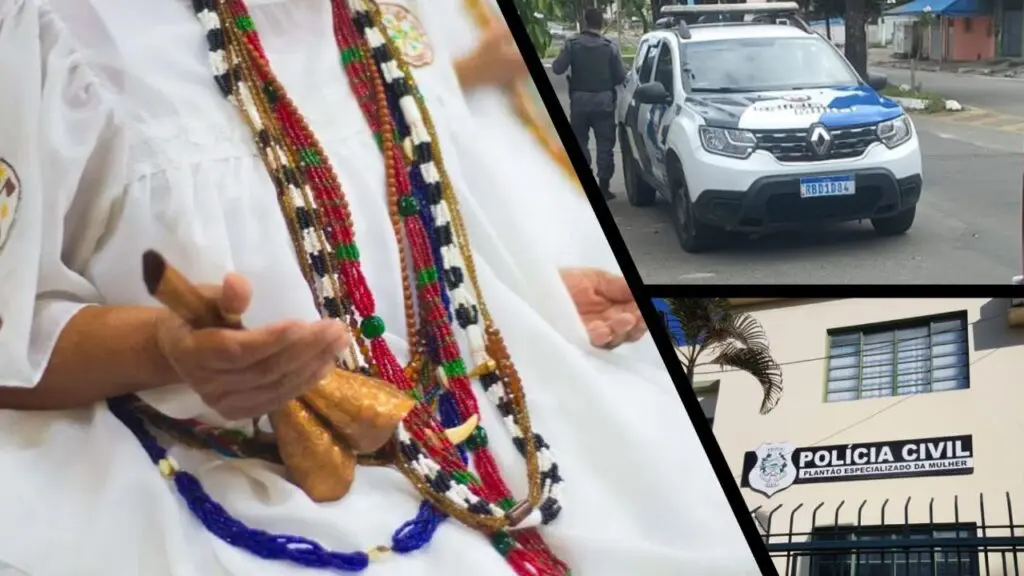 Homem armado invade culto de umbanda em Vila Velha e ameaça matar as próprias filhas Arte com três imagens, na primeira imagem uma mulher vestida de branco com colares em volta do pescoço, (Mãe de Santo), na segunda imagem uma viatura da PM estacionada e um policial militar parado ao lado do veículo, e na terceira imagem a sede do Plantão Especializado da Mulher (PEM)